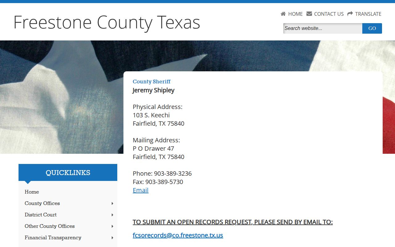 Freestone County 72-hour release records Sheriff contact page