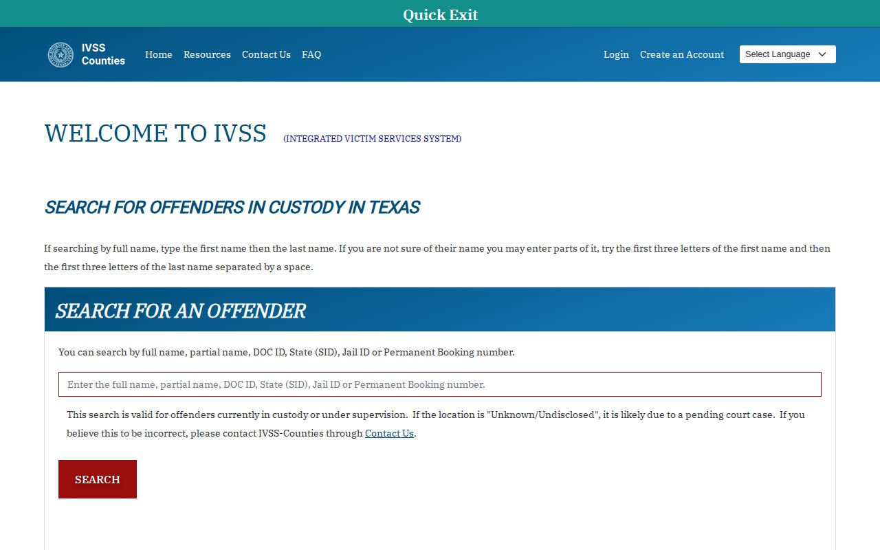Freestone County IVSS-Counties release record search landing page